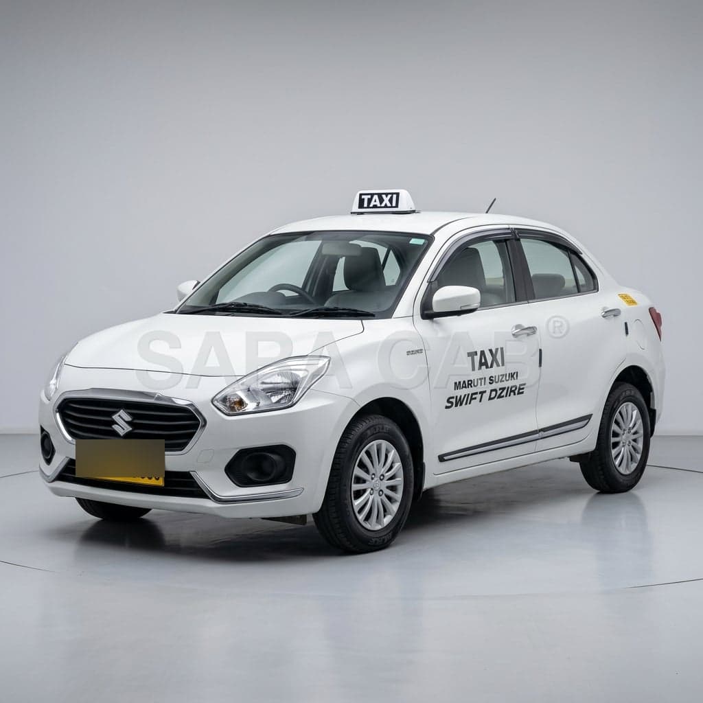 White Maruti Swift Dzire sedan taxi in Madurai, chauffeur-driven with SARA CAB